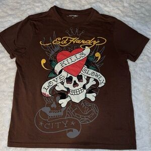 Ed Hardy Y2K Vintage Love Kills Slowly Brown Shirt, Large